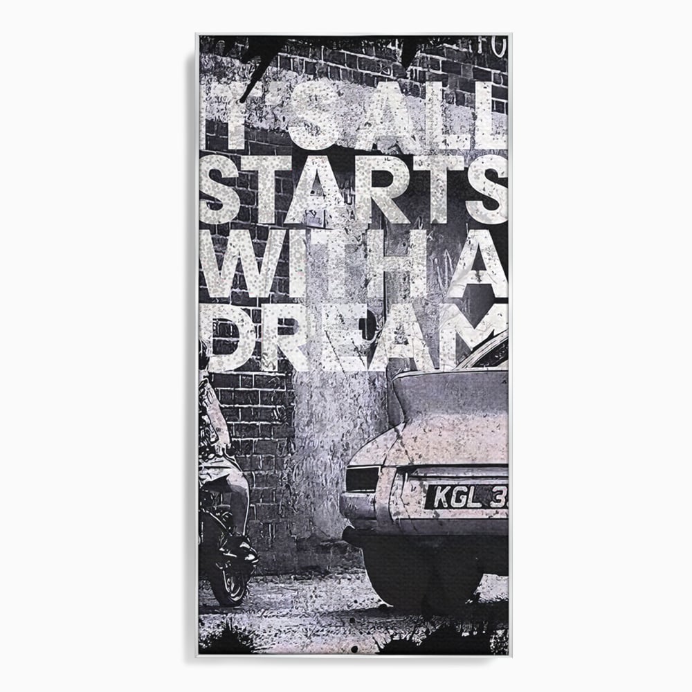 Tablou canvas cu tablou motivational alb-negru cu text si masina, in rama de aluminiu argintiu